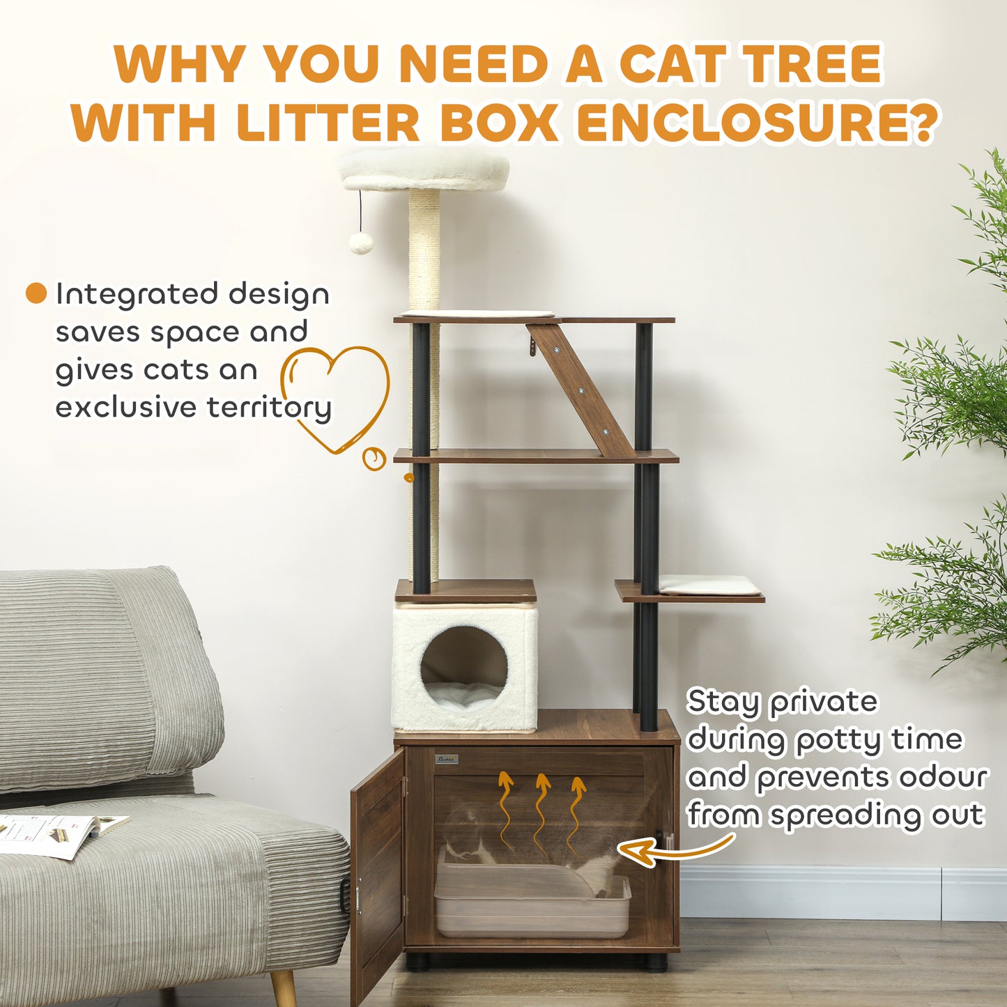 PawHut 68.5" Cat Tree with Litter Box Enclosure, 2 in 1 Cat Tower Hidden Litter Box Furniture with Scratching Posts, Brown
