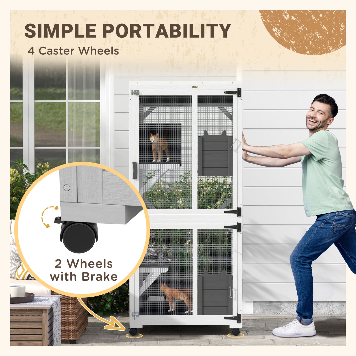 PawHut Wooden Catio with Waterproof Roof, Large Cat House with High-Up Resting Box, Indoor & Outdoor Cat Enclosure with Wheels, for 1-3 Cats, White