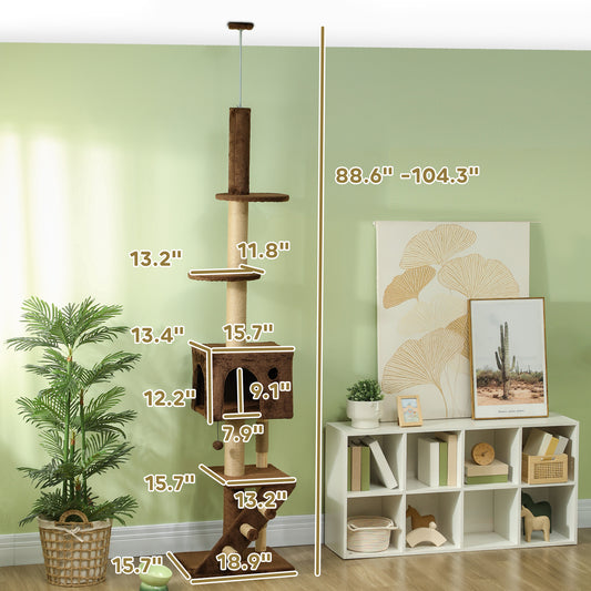 PawHut 89"-104" Floor to Ceiling Cat Tree with Cat Condo, Scratching Posts, 3-Steps, Perches, Hanging Ball & Anti-Tip Kit Brown