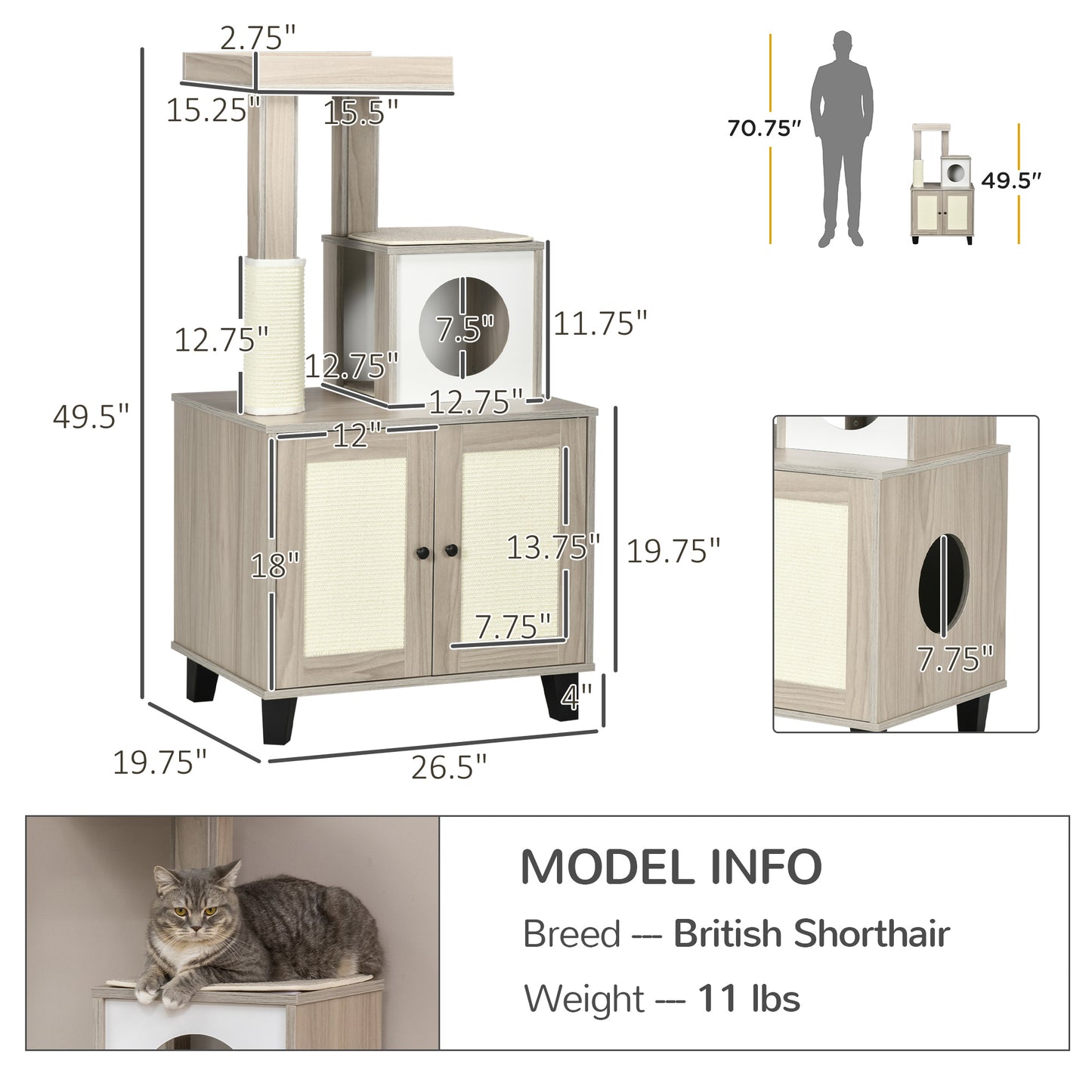 PawHut Cat Litter Box Enclosure Furniture with Cat Tree, Hidden Litter Box with Scratching Post, Bed, Modern Cat House Indoor, Gray