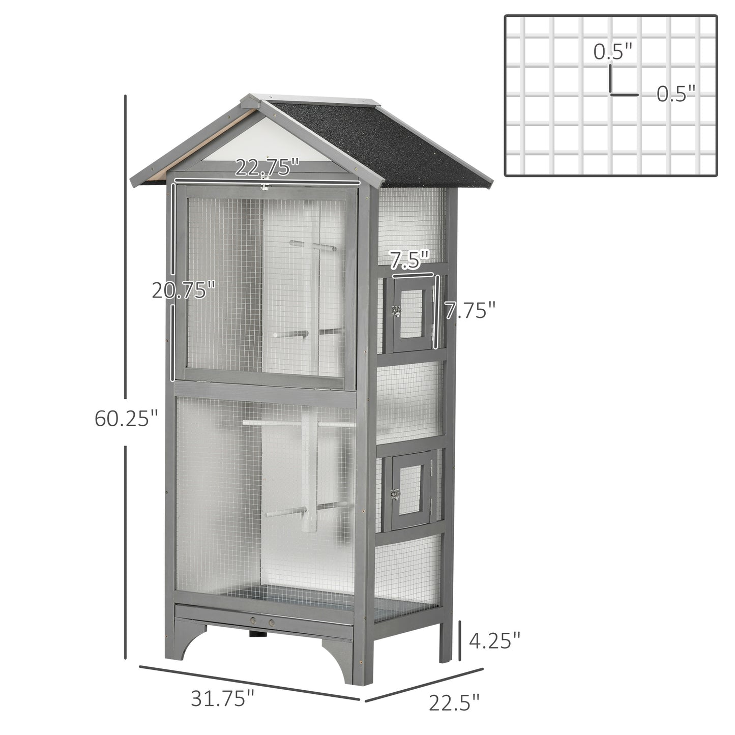 PawHut 60" Wooden Outdoor Bird Cage for Finches, Parakeet, Large Bird Cage with Removable Bottom Tray 4 Perch, Light Gray