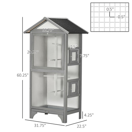 PawHut 60" Wooden Outdoor Bird Cage for Finches, Parakeet, Large Bird Cage with Removable Bottom Tray 4 Perch, Light Gray