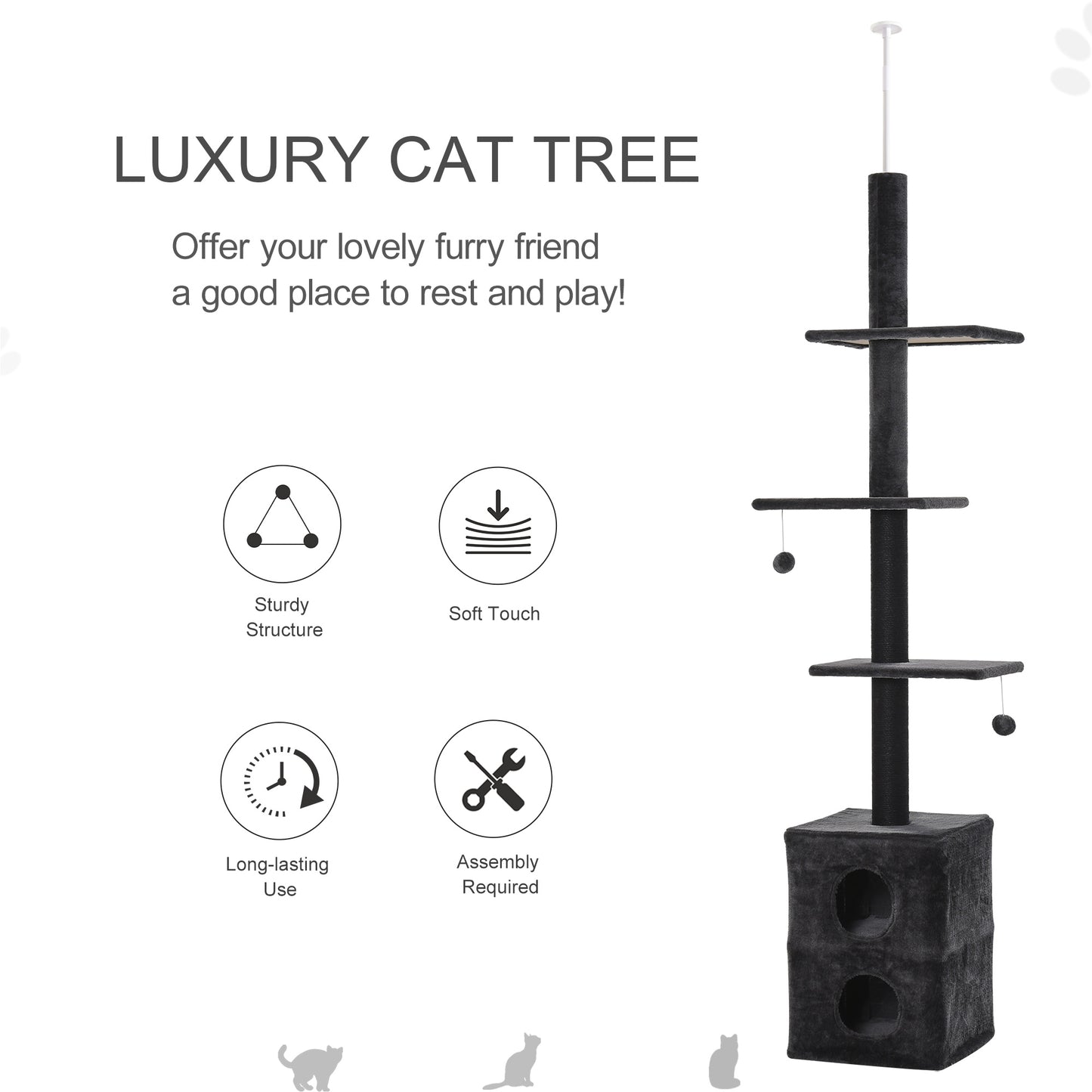 PawHut Cat Tree Floor to Ceiling Condo w/ Jute Scratching Post Dangling Ball Adjustable 86.5" H -96.5" H, Grey