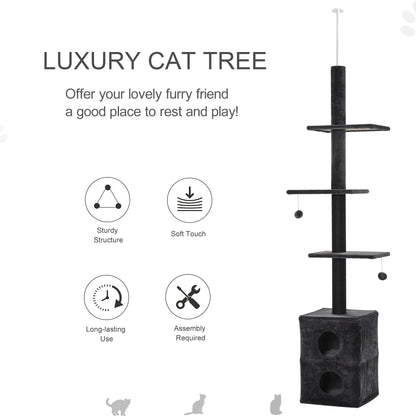 PawHut Cat Tree Floor to Ceiling Condo w/ Jute Scratching Post Dangling Ball Adjustable 86.5" H -96.5" H, Grey