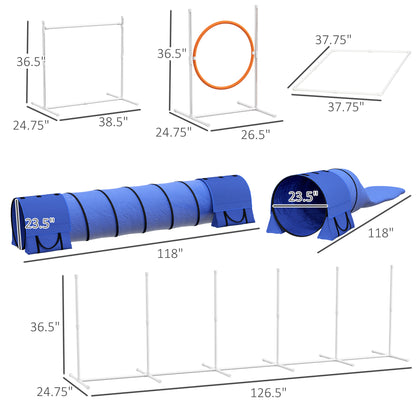 PawHut 7pc Agility Training Equipment for Dogs w/ Tunnels, Weave Poles Adjustable Hurdle, Jumping Ring, Pause Box, Blue