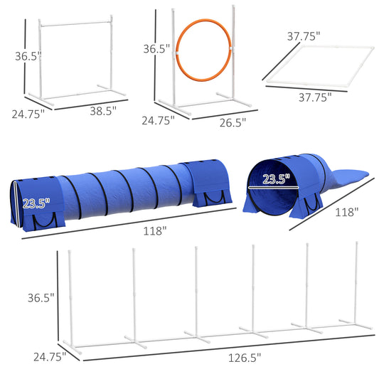 PawHut 7pc Agility Training Equipment for Dogs w/ Tunnels, Weave Poles Adjustable Hurdle, Jumping Ring, Pause Box, Blue