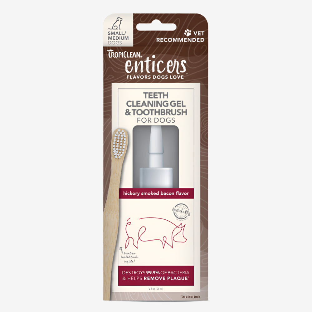 TropiClean Enticers Teeth Cleaning Gel & Toothbrush for Dogs Hickory Smoked Bacon 1ea/2 oz, SM/MD