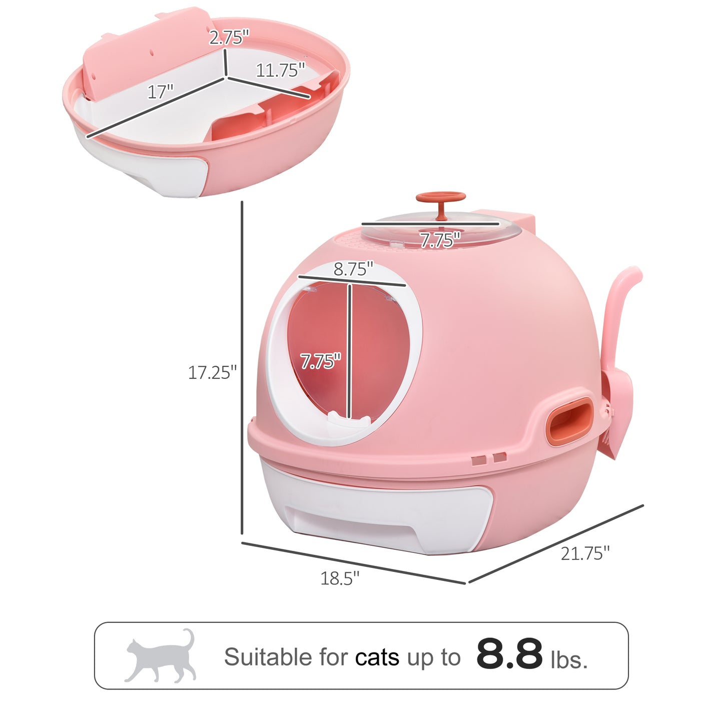 PawHut Cat Litter Box Toilet with Lid, Covered Litter Box with Scoop, Enclosed Drawer, and Skylight, Pink