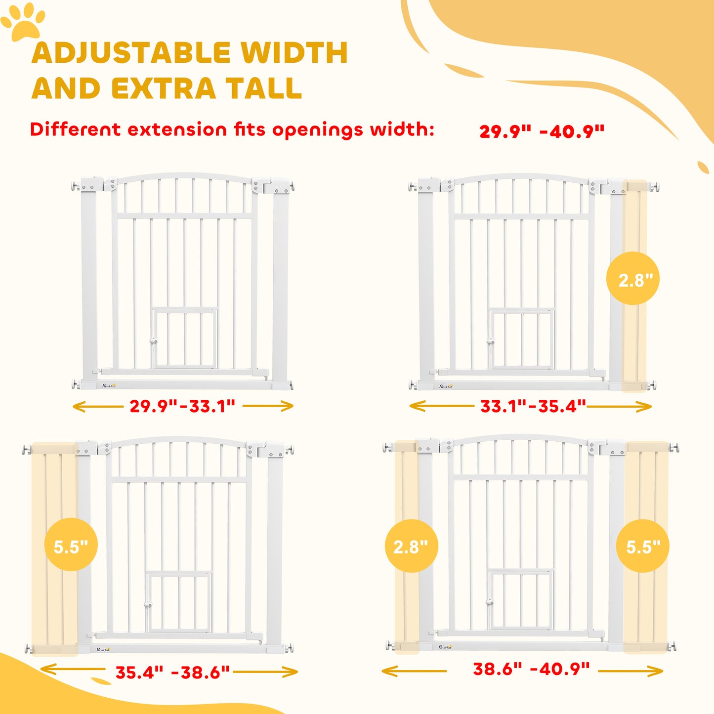 PawHut 30"-41" Extra Wide Walk Through Dog Gate w/ Cat Door, 3-Inch & 5.5-Inch Extension Kits, 30" High