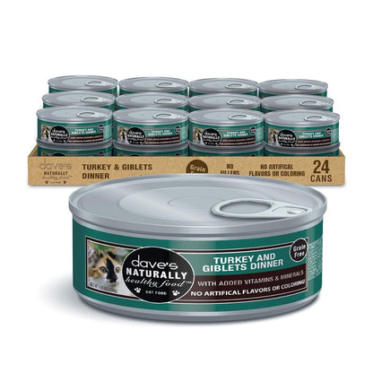 Daves Naturally Healthy Cat Food; Turkey and Giblets Dinner 5.5oz. (Case of 24)