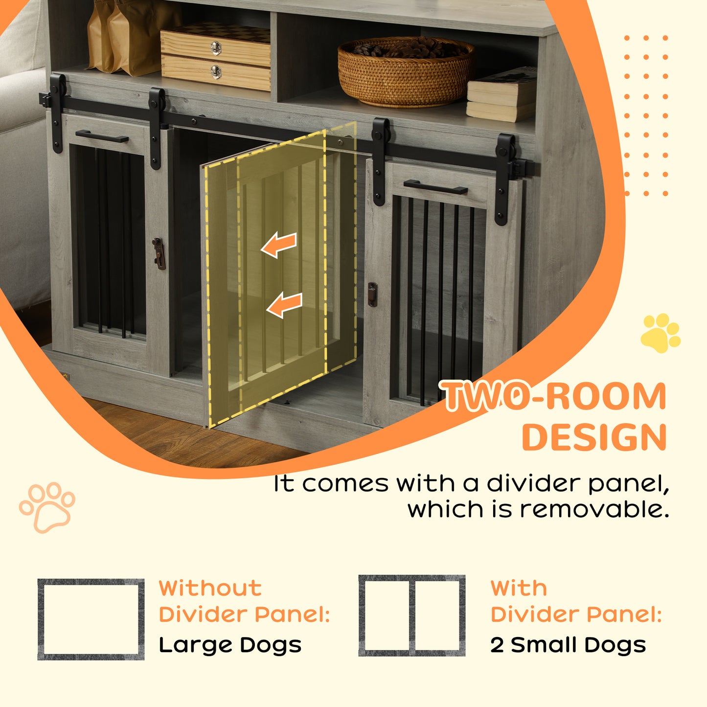 PawHut Dog Crate Furniture for Large Small Dogs, Double Dog Kennel, Gray