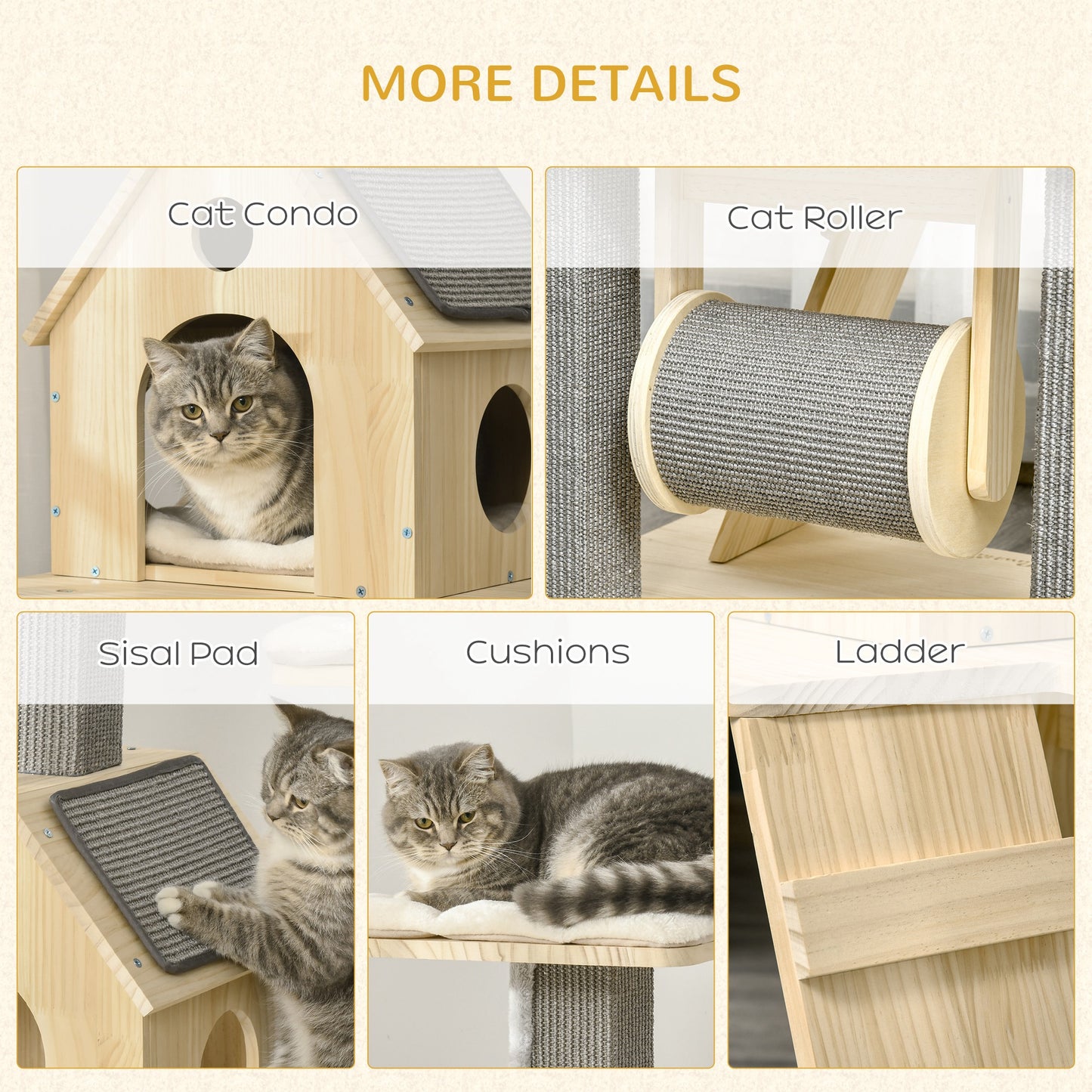 PawHut 49" Cat Tree, Cute Cat Tower with Pillow Covered Perches, Spinning Toy, Cat Condo, Scratching Posts, Ladder, Cat Activity Center, Cat Furniture for Indoor Cats, Natural