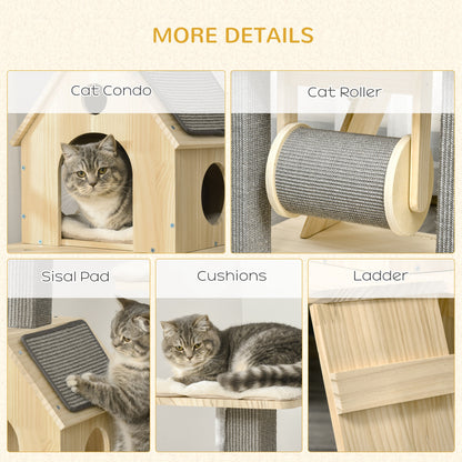 PawHut 49" Cat Tree, Cute Cat Tower with Pillow Covered Perches, Spinning Toy, Cat Condo, Scratching Posts, Ladder, Cat Activity Center, Cat Furniture for Indoor Cats, Natural