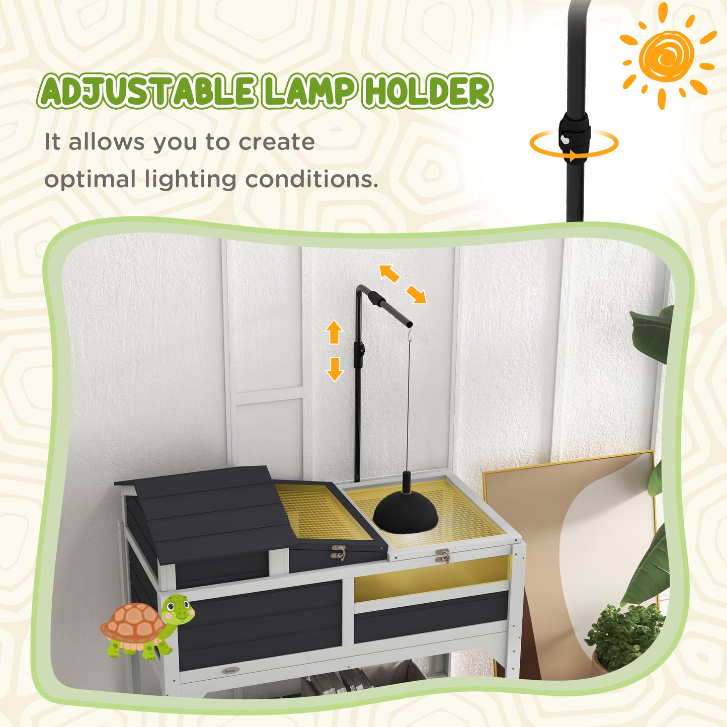 PawHut Tortoise Enclosure Tortoise House w/ Adjustable Lamp Holder, Storage Shelf, Removable Main House, Openable Lid, Gray