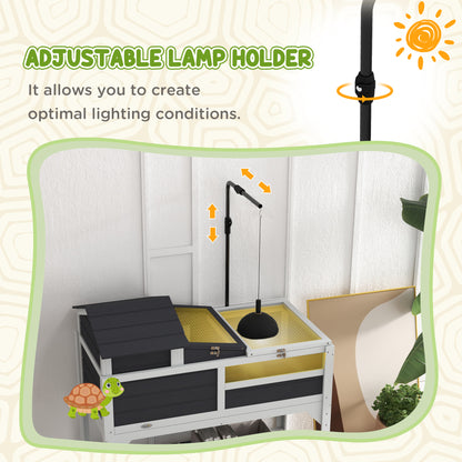 PawHut Tortoise Enclosure Tortoise House w/ Adjustable Lamp Holder, Storage Shelf, Removable Main House, Openable Lid, Gray