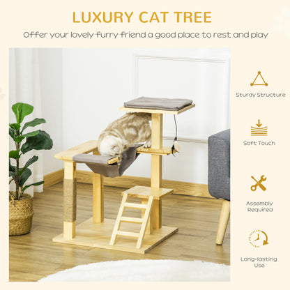 PawHut 25.5" Cat Tree Kitty Activity Center, Pinewood Climbing Toy Indoor Pet Furniture with Jute Scratching Post, Bed Perch Hanging Ladder Cushion, Natural