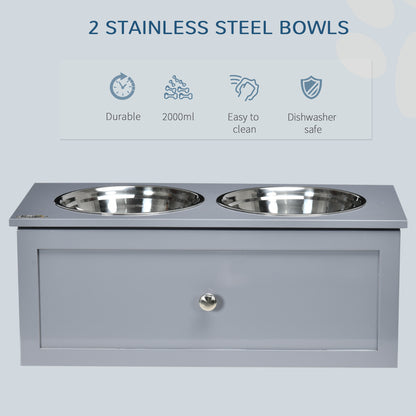 PawHut Elevated Dog Bowls with Storage, 2 Stainless Steel Bowls for Medium Dogs, Gray