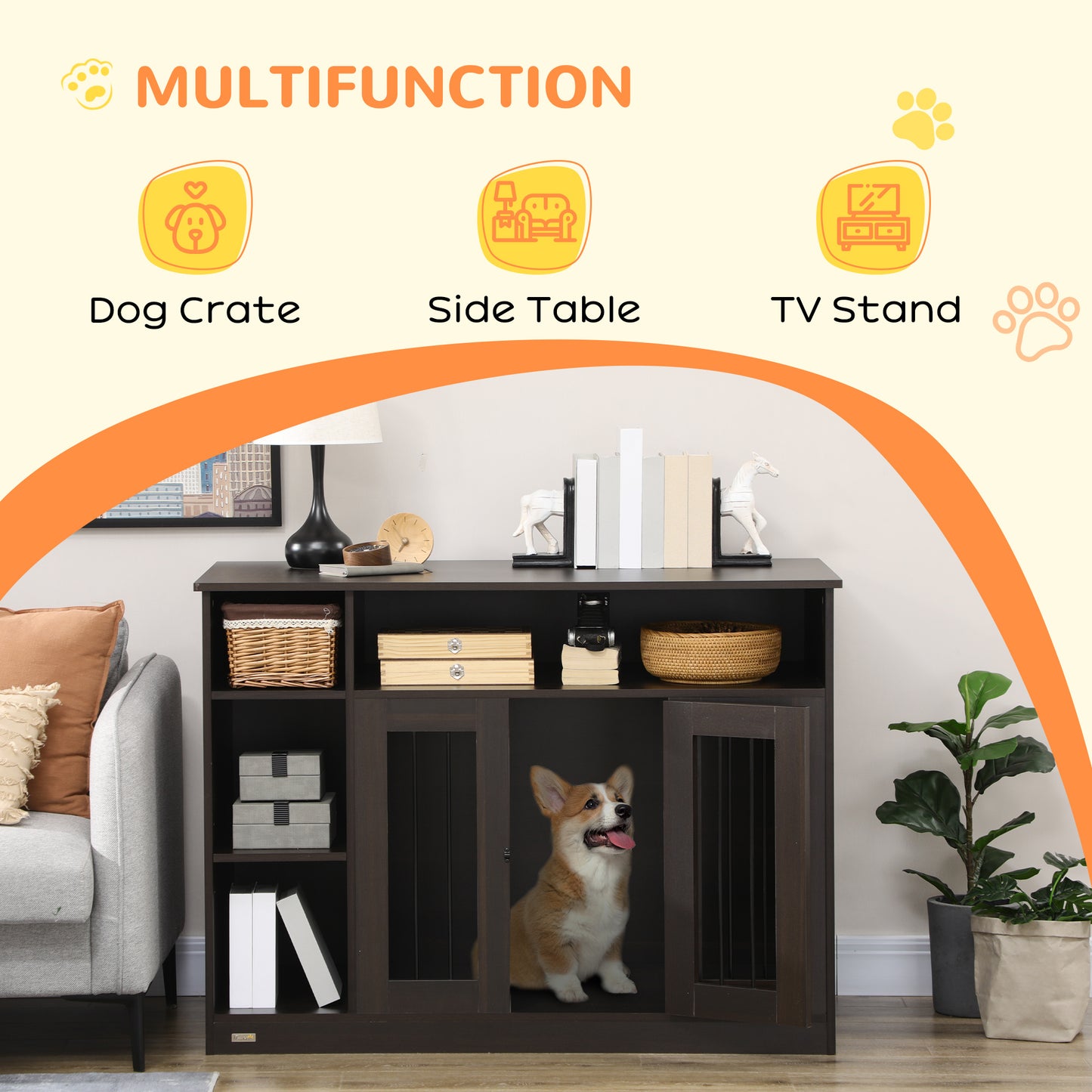 PawHut 47" Dog Crate Furniture with Storage, for Large Medium Dogs, Brown