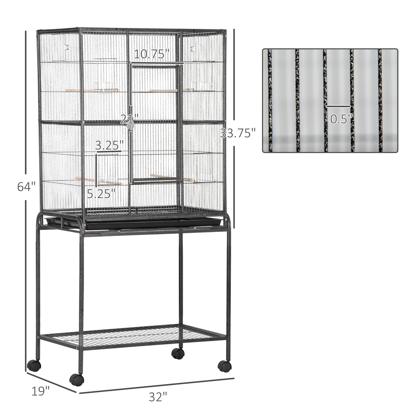 PawHut 30" Rolling Metal Bird Cage Feeder with Detachable Rolling Stand, Storage Shelf, Wood Perch & Food Container