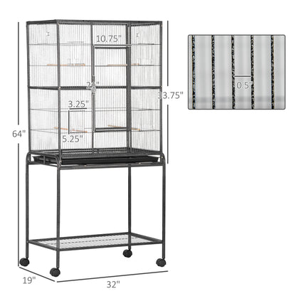 PawHut 30" Rolling Metal Bird Cage Feeder with Detachable Rolling Stand, Storage Shelf, Wood Perch & Food Container