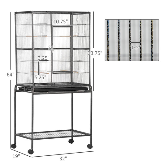 PawHut 30" Rolling Metal Bird Cage Feeder with Detachable Rolling Stand, Storage Shelf, Wood Perch & Food Container