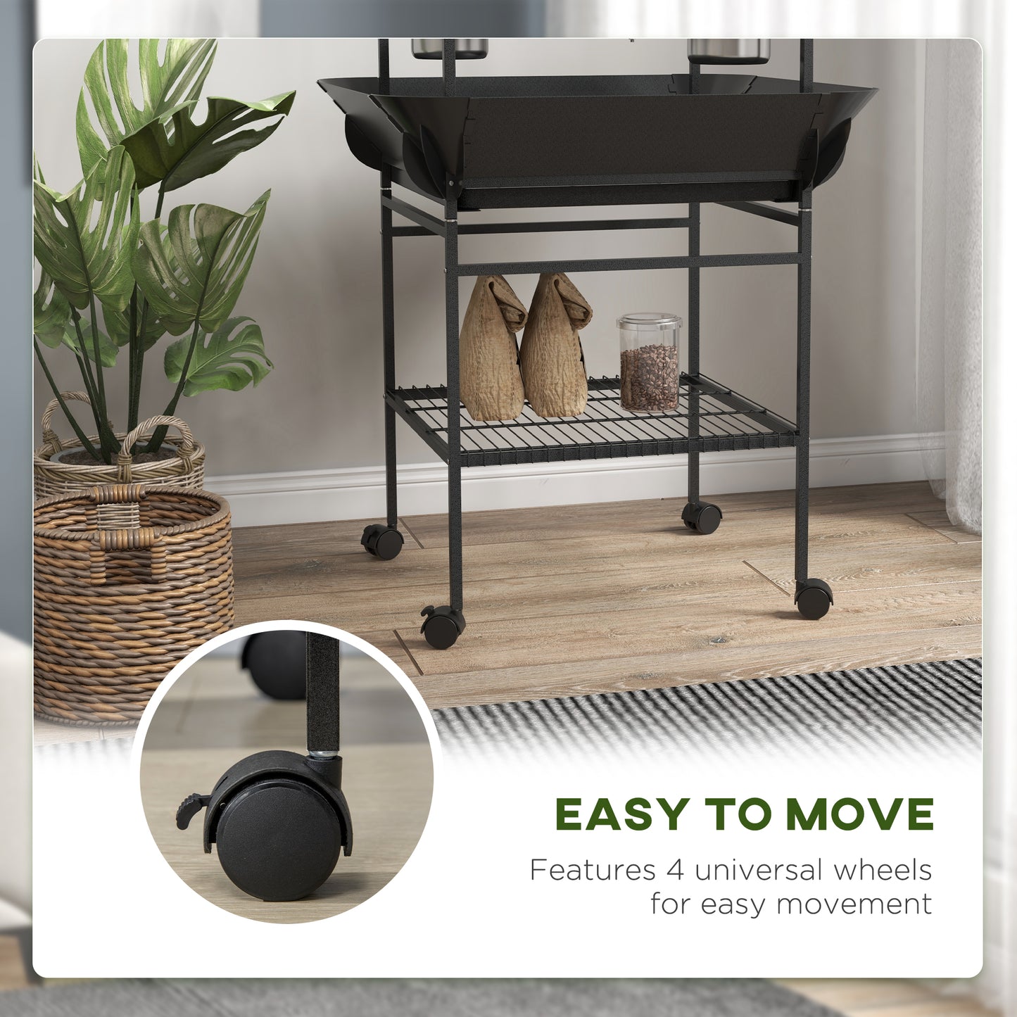 PawHut Bird Stand with Wheels, Perches, Stainless Steel Feed Bowls, Pull-Out Tray for Indoor Outdoor Small Parrot, Dark Gray