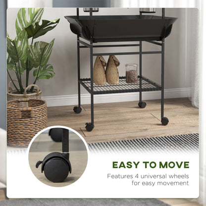 PawHut Bird Stand with Wheels, Perches, Stainless Steel Feed Bowls, Pull-Out Tray for Indoor Outdoor Small Parrot, Dark Gray