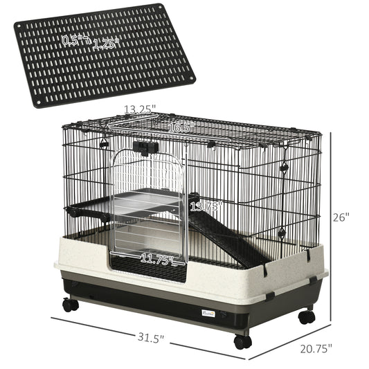 PawHut 2-tier Compact Platform Rolling Small Animal Rabbit Cage for Hamsters, Chinchillas & Gerbils with a Large Living Space