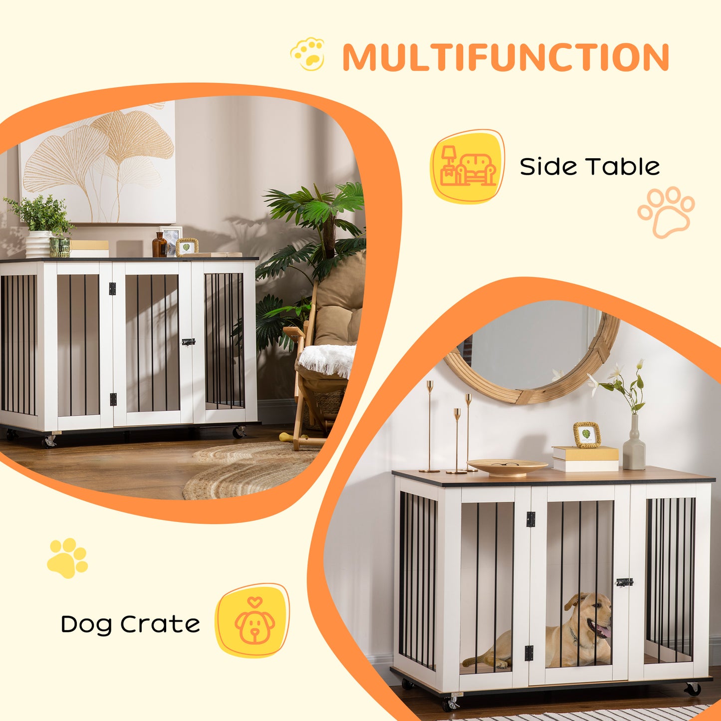 PawHut Dog Crate, Dog Cage End Table with Wheels & Big Tabletop, Indoor Dog Crate Furniture with Lockable Door, White