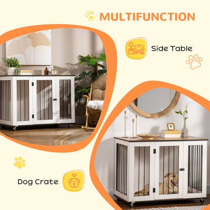 PawHut Dog Crate, Dog Cage End Table with Wheels & Big Tabletop, Indoor Dog Crate Furniture with Lockable Door, White