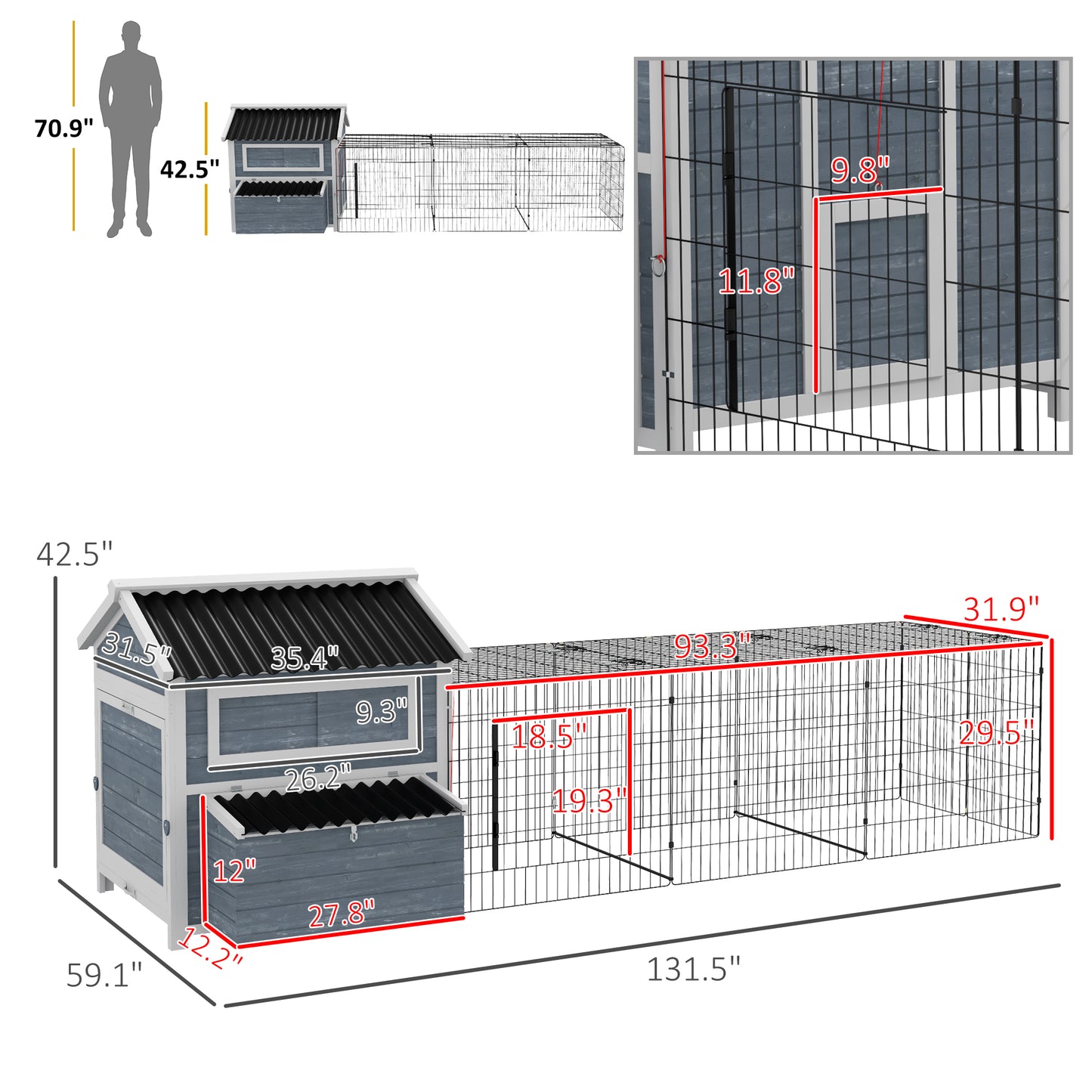 PawHut 11' x 5' x 3.5' Wooden Chicken Coop with Nesting Box, Run, Pull-out Tray, Perches for 2-4 Chickens, Dark Gray