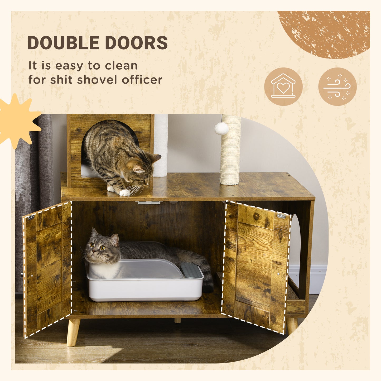 PawHut Cat Tree with Litter Box Enclosure,  2-in-1 Cat Tower Litter Box Furniture Indoor, Cat Condo with Hammock, Scratching Posts Pad, Rustic Brown