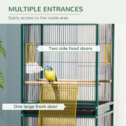 PawHut Large Bird Cage with 1.7 ft. Width for Wingspan, Bird Aviary Indoor with Multi-Door Design, Fit for a Canary, Finch, Conure, 55", Green
