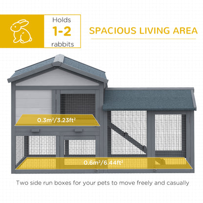 PawHut 58" Large Rabbit Hutch Outdoor Indoor, Wooden Bunny Hutch, Guinea Pig Cage with Run, Removable Tray, Asphalt Roof, Lockable Doors and Ramp, for 1-2 Small Rabbits, Chickens, Ducks, Dark Gray