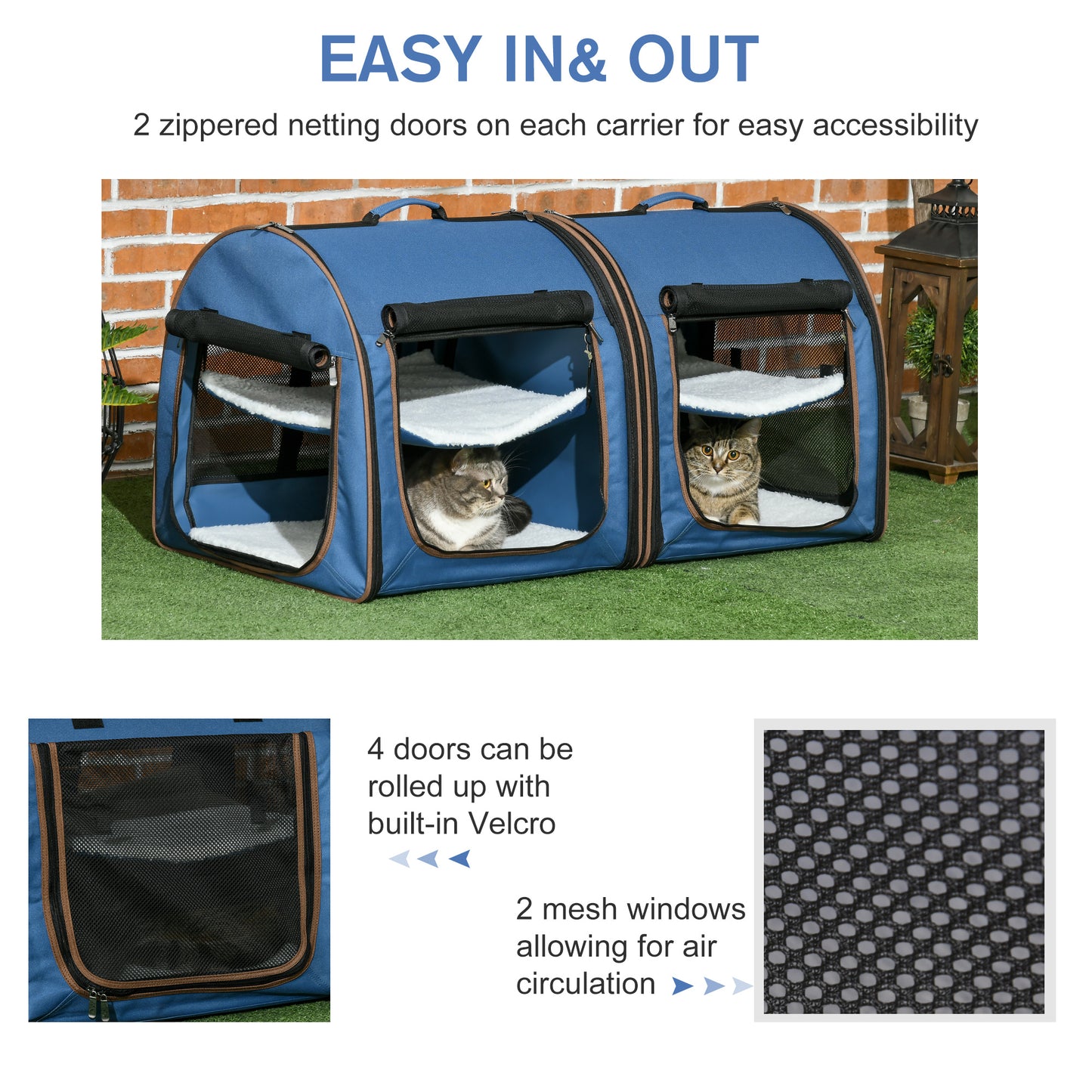 PawHut 39" Portable Soft-Sided Cat Carrier, Cat Kennel, Travel Dog Crate with Divider, Two Compartments, Soft Cushions & Storage Bag, Easy to Fold, Blue