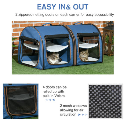 PawHut 39" Portable Soft-Sided Cat Carrier, Cat Kennel, Travel Dog Crate with Divider, Two Compartments, Soft Cushions & Storage Bag, Easy to Fold, Blue
