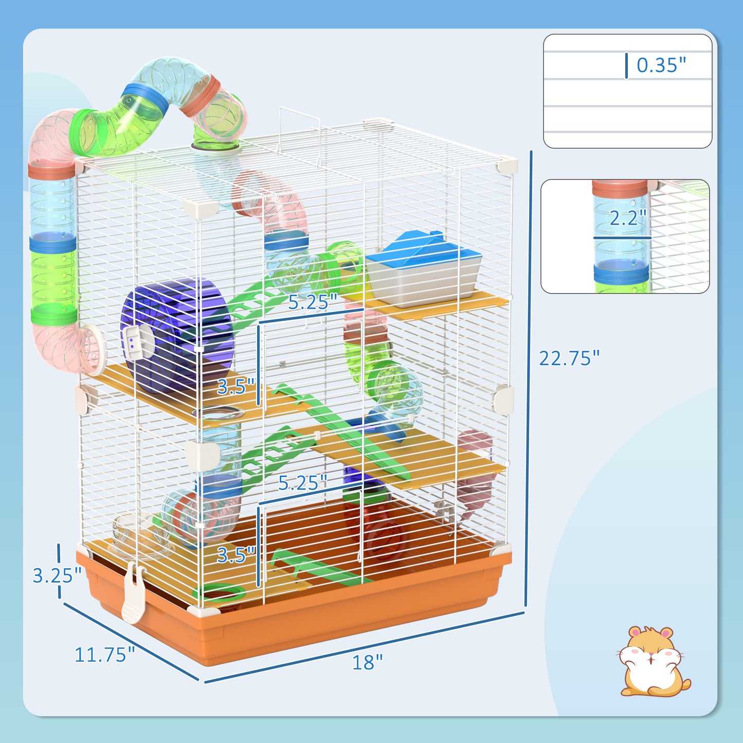 PawHut 5 Tiers Hamster Cage Portable Travel Carrier w/Exercise Wheels Tube, Orange