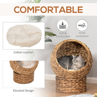PawHut 20" Natural Braided Banana Leaf Elevated Cat Bed Basket with Cushion - Brown