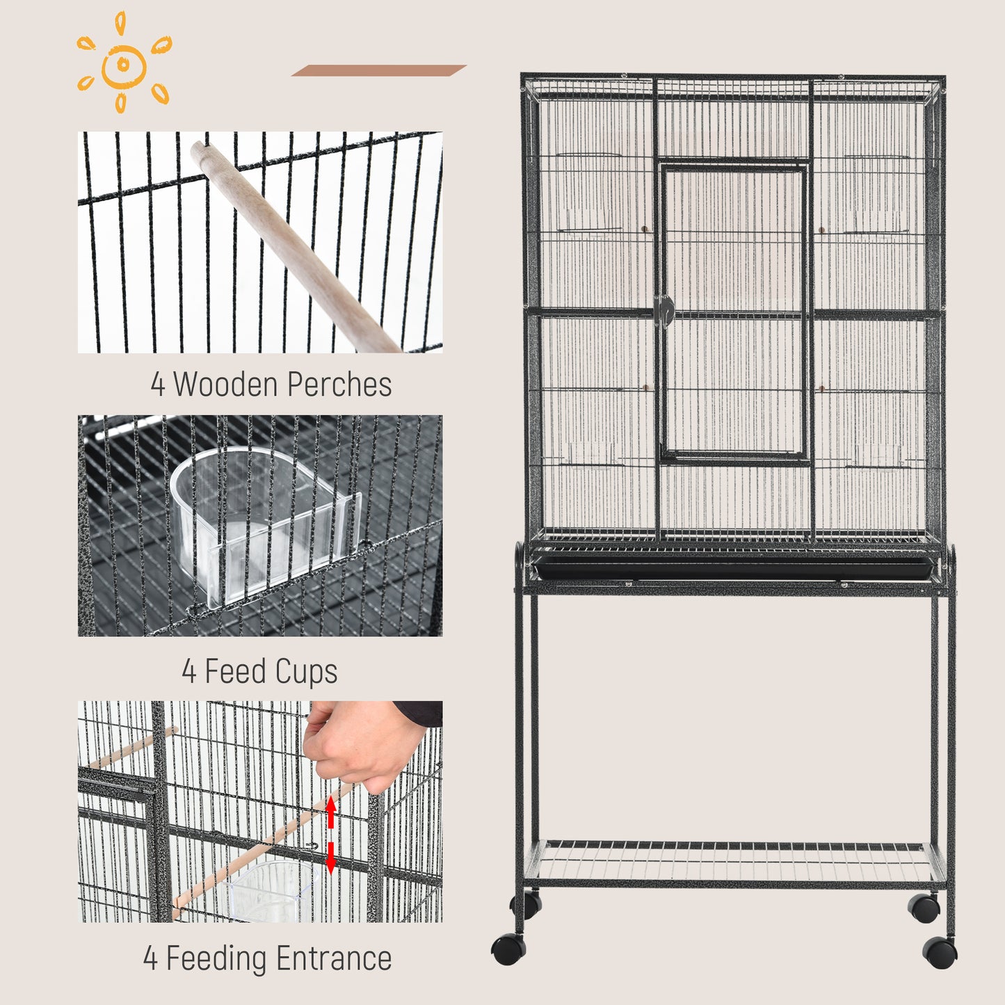 PawHut 30" Rolling Metal Bird Cage Feeder with Detachable Rolling Stand, Storage Shelf, Wood Perch & Food Container