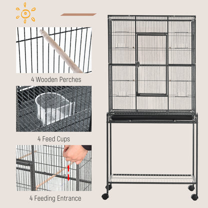 PawHut 30" Rolling Metal Bird Cage Feeder with Detachable Rolling Stand, Storage Shelf, Wood Perch & Food Container