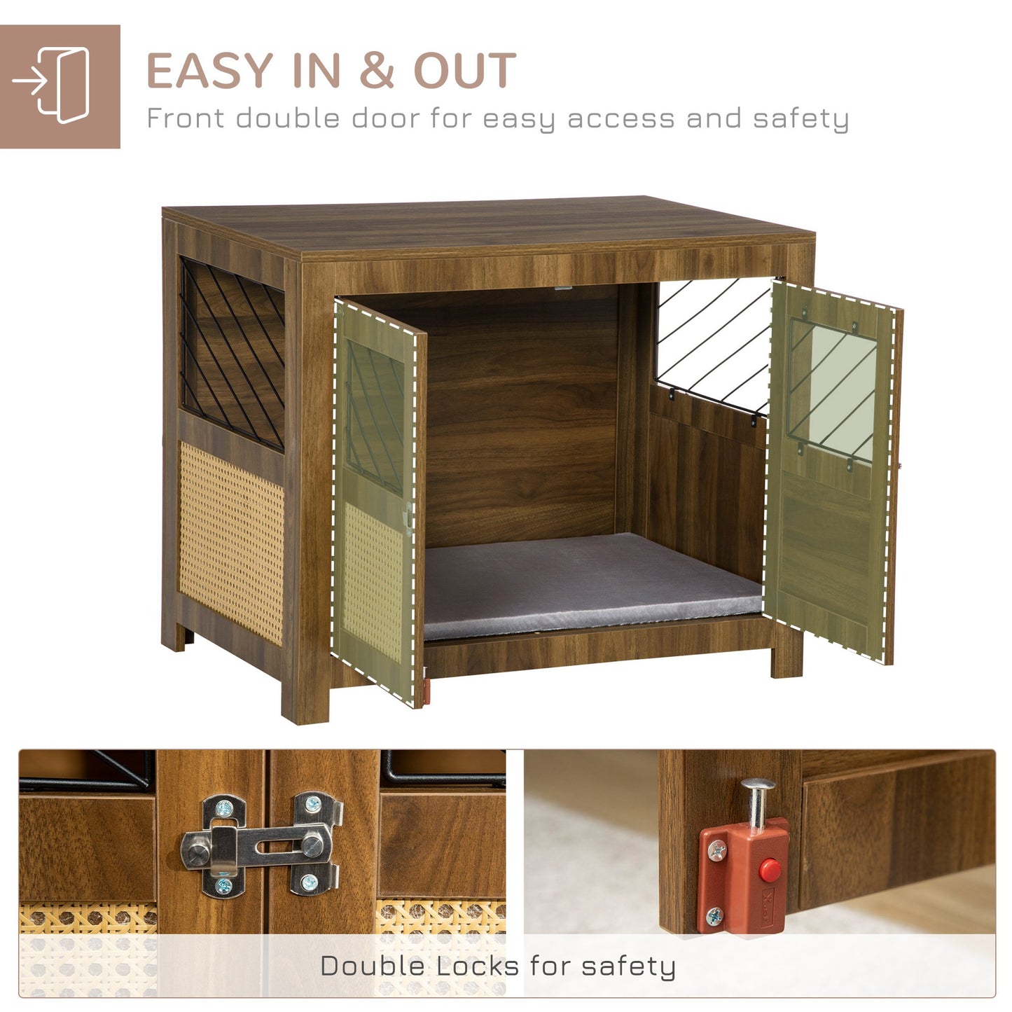 PawHut Dog Crate Furniture with Soft Cushion, Dog Crate End Table with Rattan Decoration, Small to Medium Sized Dog Kennel Furniture Indoors with Large Entrance, Walnut