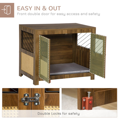 PawHut Dog Crate Furniture with Soft Cushion, Dog Crate End Table with Rattan Decoration, Small to Medium Sized Dog Kennel Furniture Indoors with Large Entrance, Walnut