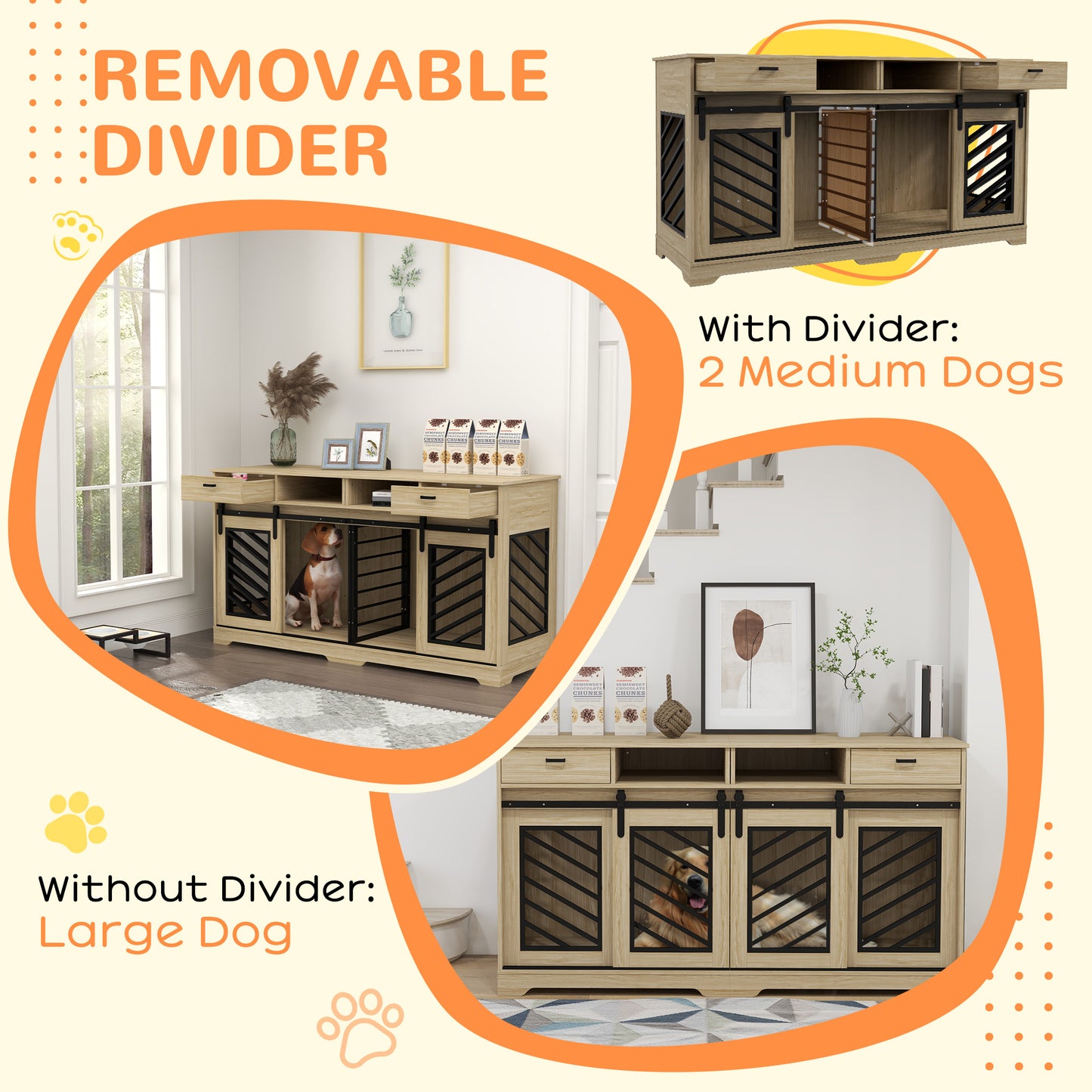 PawHut Modern Dog Kennel Furniture with Removable Divider, Storage, Drawers for 2 Medium Dogs or 1 Large Dog, Oak