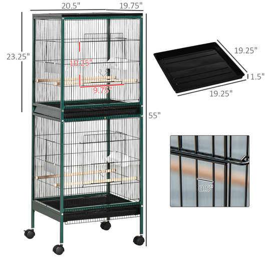 PawHut Large Bird Cage with 1.7 ft. Width for Wingspan, Bird Aviary Indoor with Multi-Door Design, Fit for a Canary, Finch, Conure, 55", Green