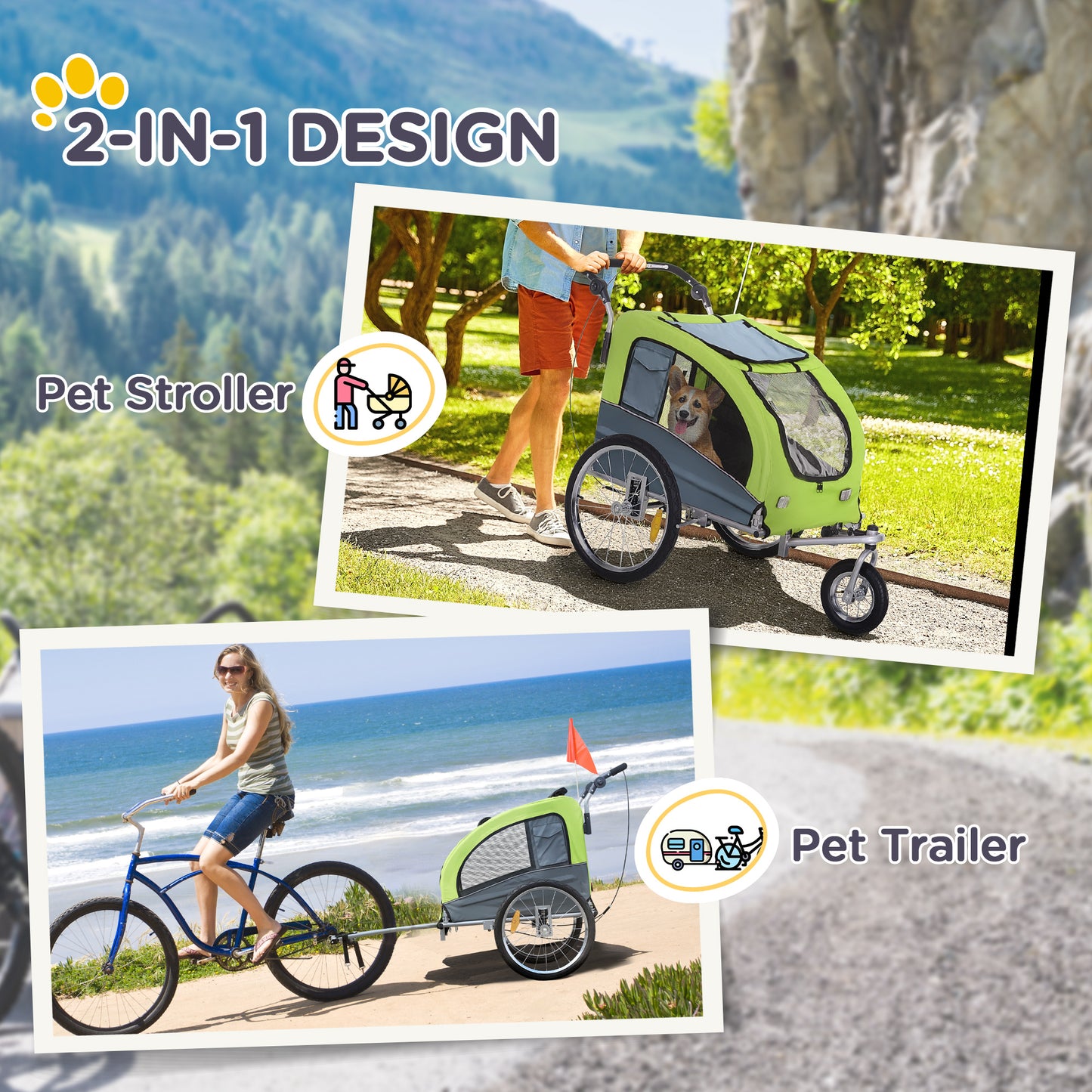 Dog Bike Trailer 2-In-1 Pet Stroller with Canopy and Storage Pockets, Green