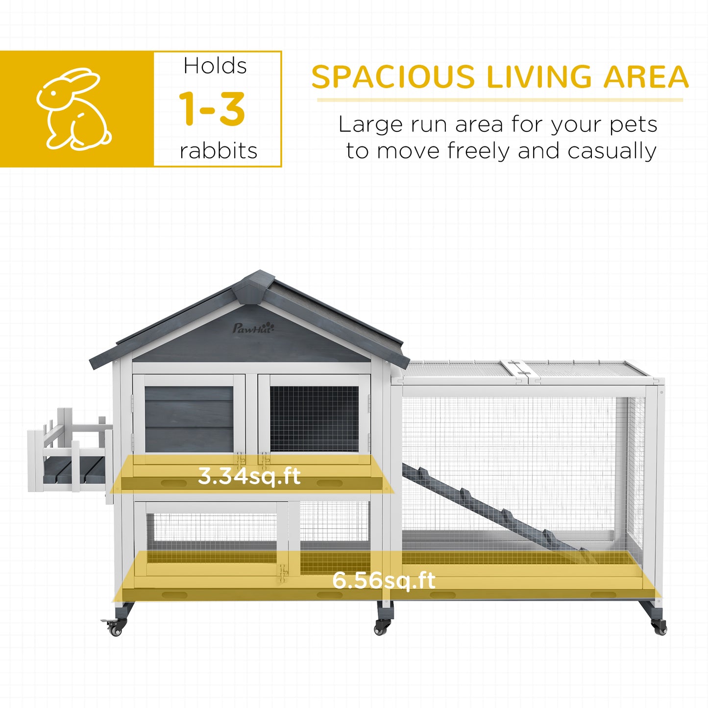PawHut 65" Wooden Rabbit Hutch, Pet Playpen with Openable Roof & Storage Box for Rabbits and Small Animals, Gray