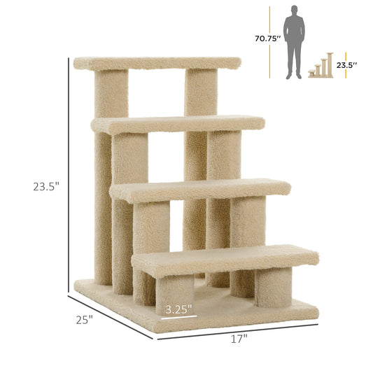 PawHut 25" 4-Step Multi-Level Carpeted Cat Scratching Post Pet Stairs, Cream White