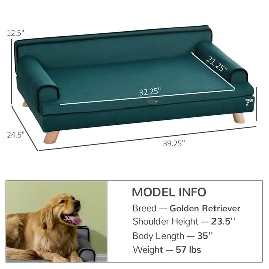 PawHut Large Dog Couch for a Fancy Dog Bed, Elevated Dog Sofa Bed with Washable Cover, Wooden Legs, Teal