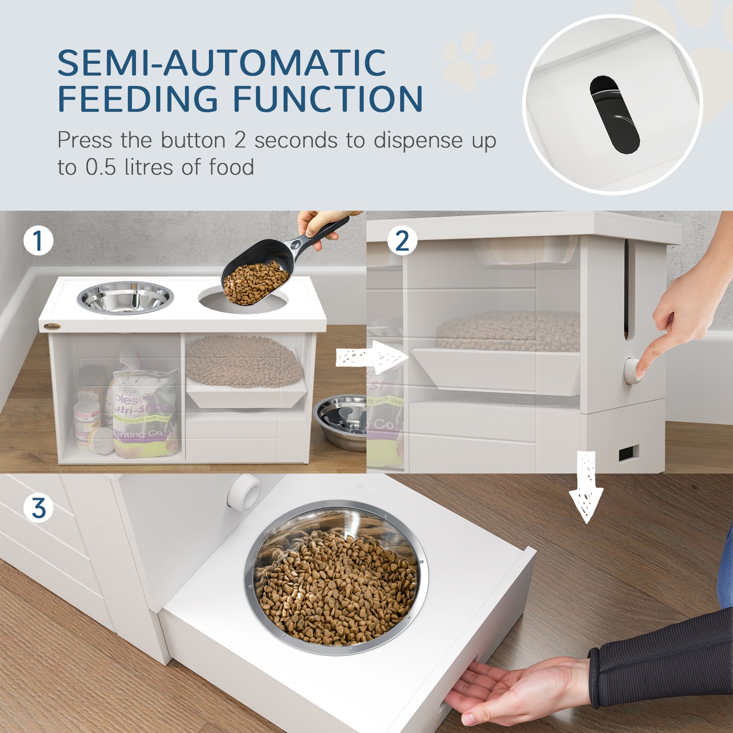 PawHut Elevated Dog Bowls with Slow Feeder Mat, Storage Cabinet, 3 Stainless Steel Bowls for Large & Extra Large Dogs, White