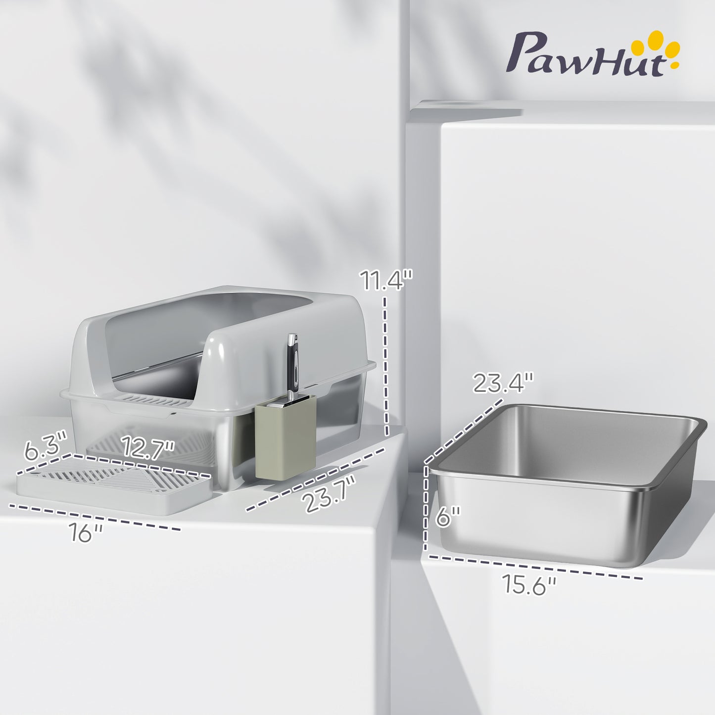 PawHut High Sided Stainless Steel Litter Box with Metal Scoop & Scoop Holder, for Easy Clean& Anti-Urine Leakage, Light Gray